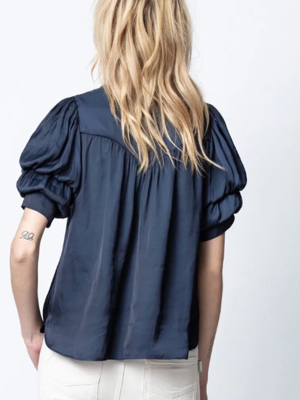 ZADIG & VOLTAIRE Taste Satin Navy Ruffle Puff Short Sleeve V Neck Blouse XS - Picture 3 of 10